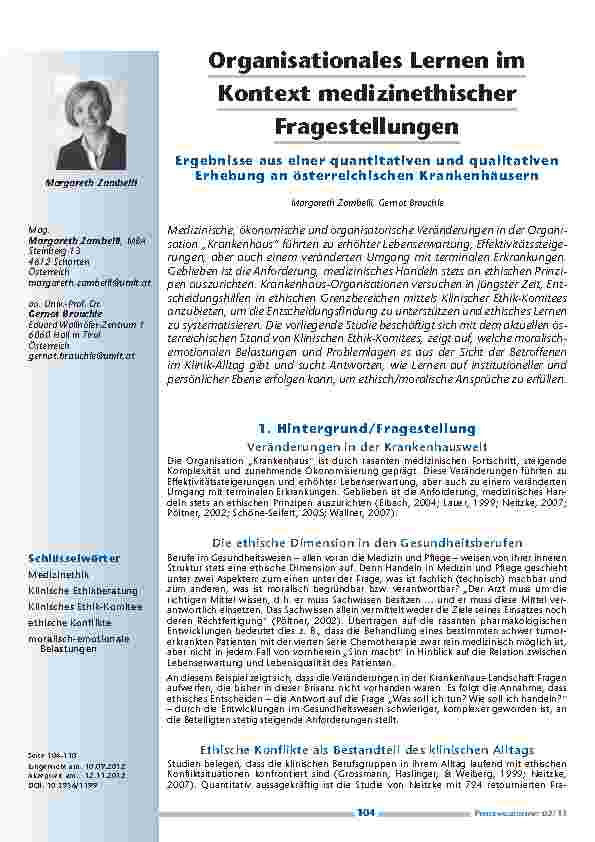 Organisationales Lernen im Kontext medizinethischer Fragestellungen - Ergebnisse aus einer quantitativen und qualitativen Erhebung an österreichischen Krankenhäusern