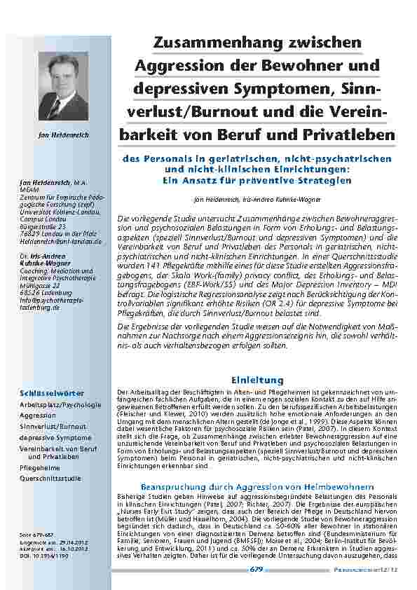 Zusammenhang zwischen Aggression der Bewohner und depressiven Symptomen, Sinnverlust/Burnout und die Vereinbarkeit von Beruf und Privatleben des Personals in geriatrischen, nicht-psychatrischen und nicht-klinischen Einrichtungen: Ein Ansatz für präventive