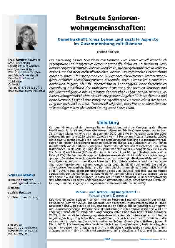 Betreute Seniorenwohngemeinschaften: Gemeinschaftliches Leben und soziale Aspekte im Zusammenhang mit Demenz