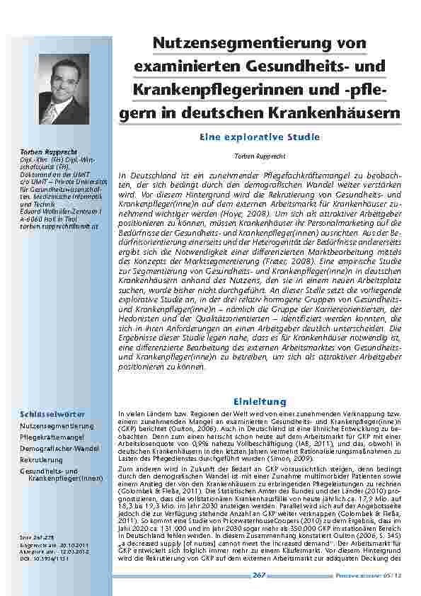 Nutzensegmentierung von examinierten Gesundheitsund Krankenpflegerinnen und -pflegern in deutschen Krankenhäusern - Eine explorative Studie