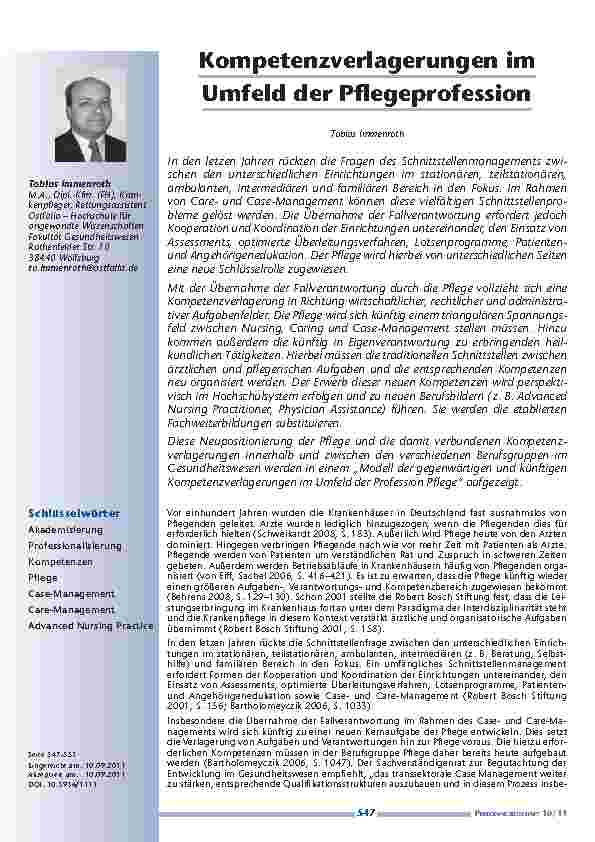 Kompetenzverlagerungen im Umfeld der Pflegeprofession