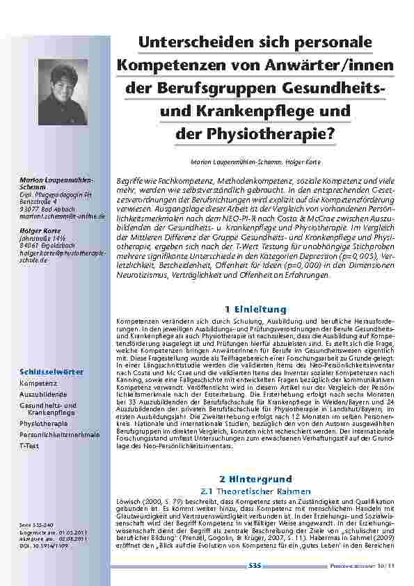 Unterscheiden sich personale Kompetenzen von Anwärter/innen der Berufsgruppen Gesundheitsund Krankenpflege und der Physiotherapie?
