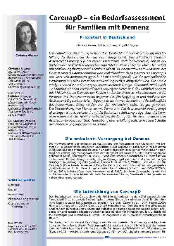 CarenapD – ein Bedarfsassessment für Familien mit Demenz. Praxistest in Deutschland