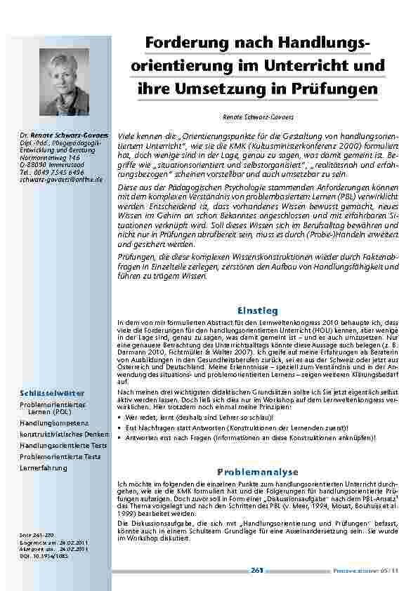 Forderung nach Handlungsorientierung im Unterricht und ihre Umsetzung in Prüfungen