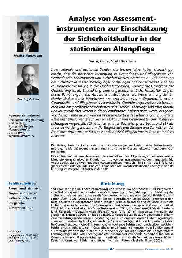 Analyse von Assessmentinstrumenten zur Einschätzung der Sicherheitskultur in der stationären Altenpflege