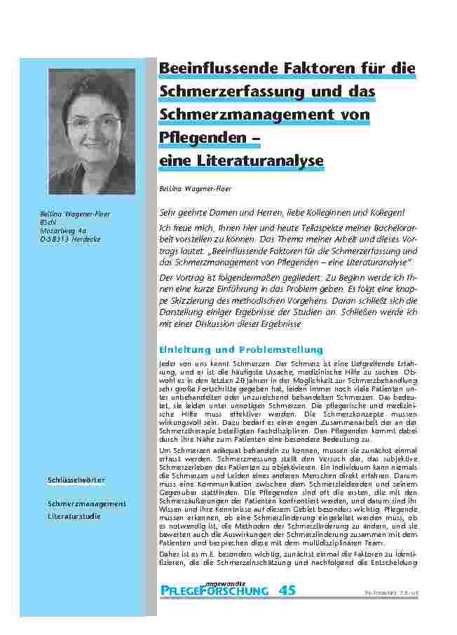 Beeinflussende Faktoren für die Schmerzerfassung und das Schmerzmanagement von Pflegenden – eine Literaturanalyse