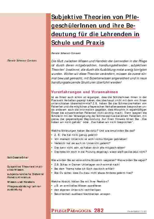 Subjektive Theorien von PflegeschülerInnen und ihre Bedeutung für die Lehrenden in Schule und Praxis