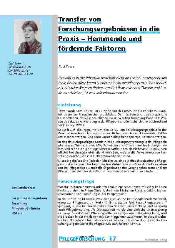 Transfer von Forschungsergebnissen in die Praxis – Hemmende und fördernde Faktoren