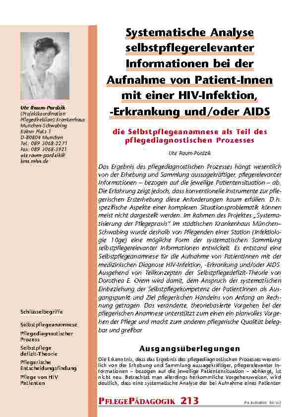 Systematische Analyse selbstpflegerelevanter Informationen bei der Aufnahme von PatientInnen mit einer HIV-Infektion, -Erkrankung und/oder AIDS
