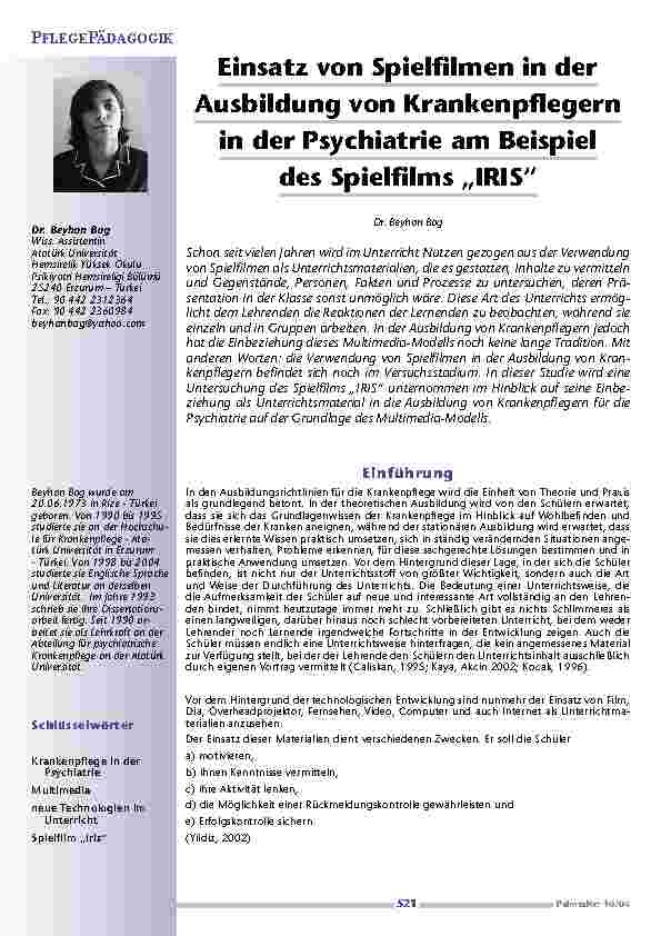 Einsatz von Spielfilmen in derAusbildung von Krankenpflegernin der Psychiatrie am Beispieldes Spielfilms „IRIS“