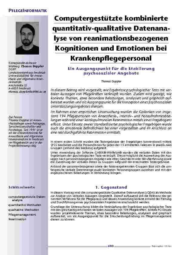 Computergestützte kombiniertequantitativ-qualitative Datenanalyse von reanimationsbezogenenKognitionen und Emotionen beiKrankenpflegepersonal