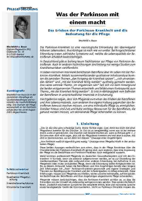 Was der Parkinson mit einem machtDas Erleben der Parkinson-Krankheit und dieBedeutung für die Pflege