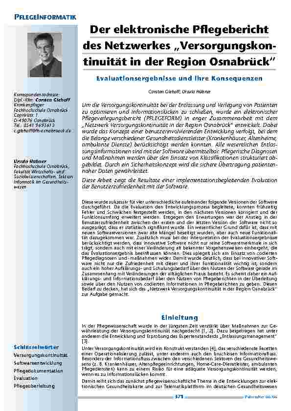 Der elektronische Pflegebericht des Netzwerkes „Versorgungskontinuität in der Region Osnabrück“ Evaluationsergebnisse und ihre Konsequenzen