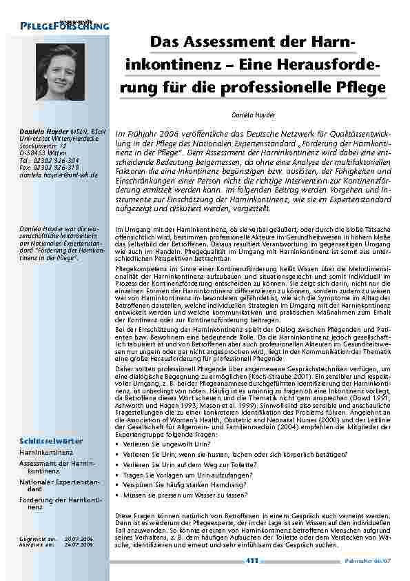 Das Assessment der Harninkontinenz– Eine Herausforderungfür die professionelle Pflege