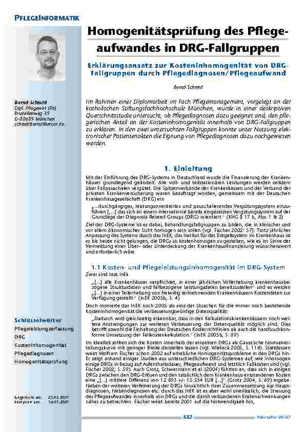 Homogenitätsprüfung des Pflegeaufwandes in DRG-Fallgruppen. Erklärungsansatz zur Kosteninhomogenität von DRG-Fallgruppendurch Pflegediagnosen/Pflegeaufwand