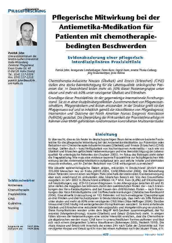 Pflegerische Mitwirkung bei derAntiemetika-Medikation fürPatienten mit chemotherapiebedingtenBeschwerden. Evidenzbasierung einer pflegerischinterdisziplinärenPraxisleitlinie