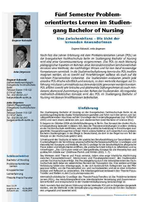 Fünf Semester ProblemorientiertesLernen im StudiengangBachelor of Nursing. Eine Zwischenbilanz – Die Sicht derlernenden Anwenderinnen