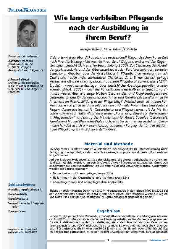 Wie lange verbleiben Pflegendenach der Ausbildung inihrem Beruf?