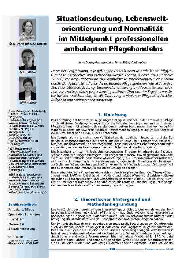 Situationsdeutung, Lebensweltorientierung und Normalität im Mittelpunkt professionellen ambulanten Pflegehandelns