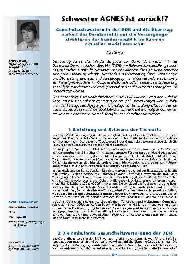 Schwester AGNES ist zurück!? Gemeindeschwestern in der DDR und die Übertragbarkeit des Berufsprofils auf die Versorgungsstrukturen der Bundesrepublik im Rahmen aktueller Modellversuche