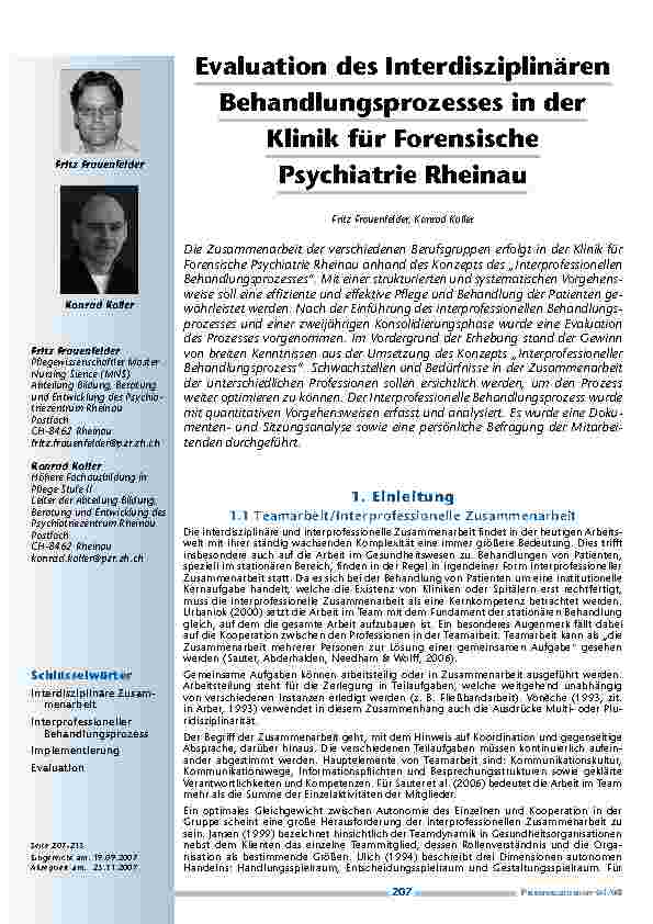 Evaluation des Interdisziplinären Behandlungsprozesses in der Klinik für Forensische Psychiatrie Rheinau