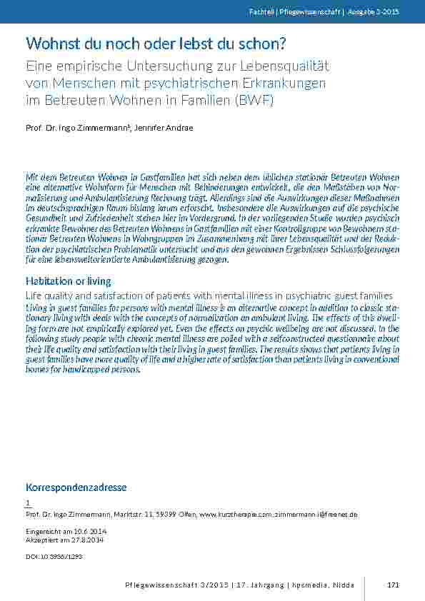 Wohnst du noch oder lebst du schon?rEine empirische Untersuchung zur Lebensqualität von Menschen mit psychiatrischen Erkrankungen im Betreuten Wohnen in Familien (BWF)