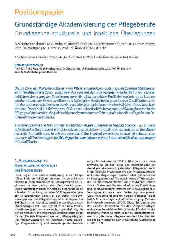 Grundständige Akademisierung der Pflegeberufe - Grundlegende strukturelle und inhaltliche Überlegungen