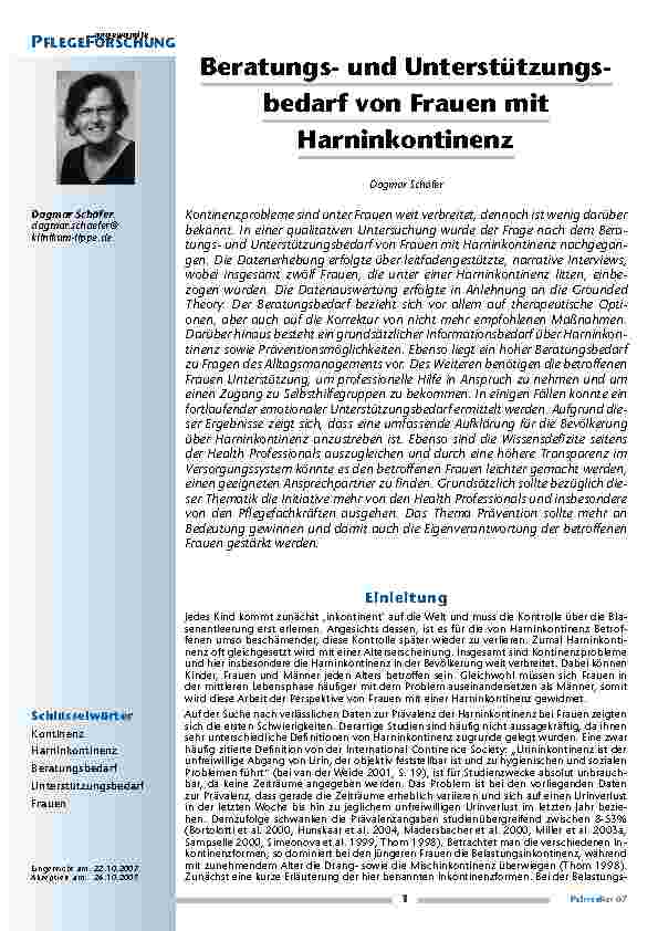 Beratungsund Unterstützungsbedarf von Frauen mit Harninkontinenz
