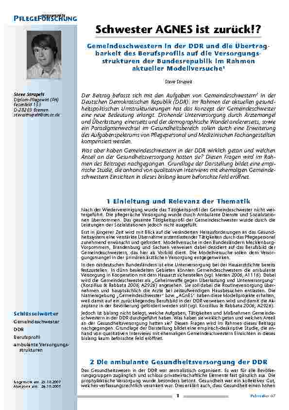 Schwester AGNES ist zurück!? Gemeindeschwestern in der DDR und die Übertragbarkeit des Berufsprofils auf die Versorgungsstrukturen der Bundesrepublik im Rahmen aktueller Modellversuche