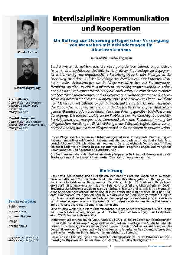 Interdisziplinäre Kommunikation und Kooperation - Ein Beitrag zur Sicherung pflegerischer Versorgung von Menschen mit Behinderungen im Akutkrankenhaus