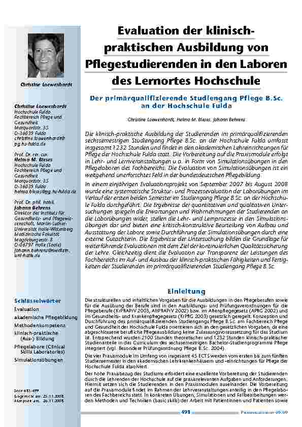 Evaluation der klinisch-praktischen Ausbildung von Pflegestudierenden in den Laboren des Lernortes Hochschule – Der primärqualifizierende Studiengang Pflege B. Sc. an der Hochschule Fulda