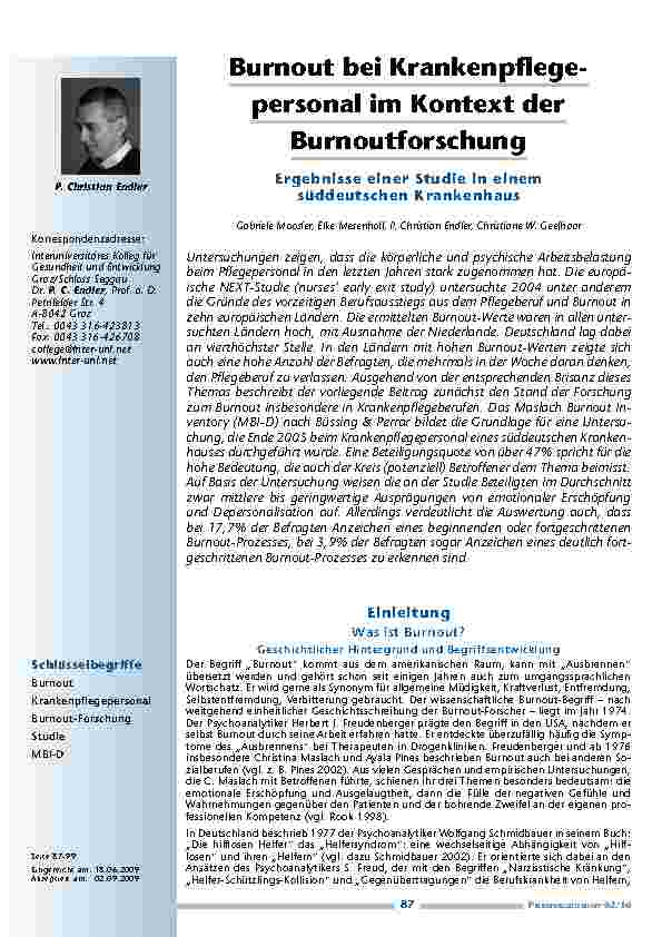 Burnout bei Krankenpflegepersonal im Kontext der Burnoutforschung – Ergebnisse einer Studie in einem süddeutschen Krankenhaus