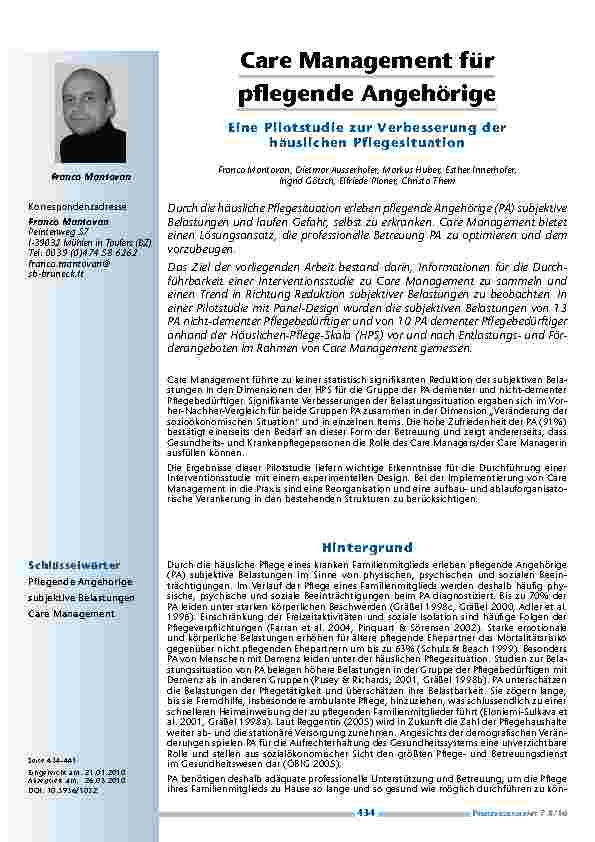 Care Management für pflegende Angehörige. Eine Pilotstudie zur Verbesserung der häuslichen Pflegesituation