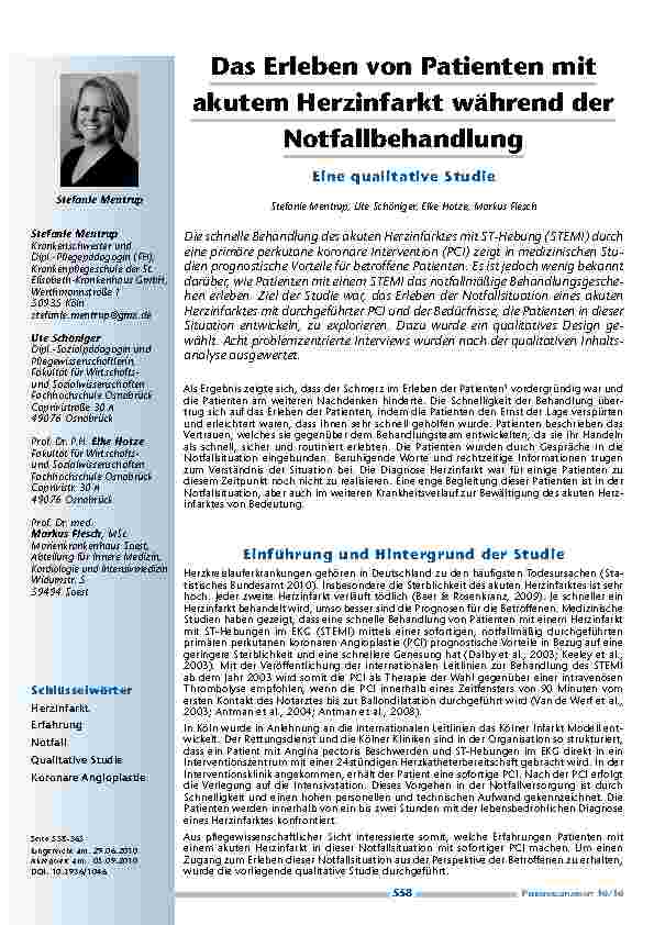 Das Erleben von Patienten mit akutem Herzinfarkt während der Notfallbehandlung – Eine qualitative Studie