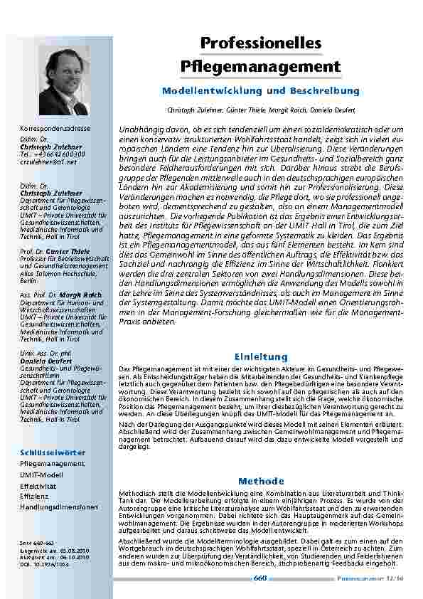 Professionelles Pflegemanagement – Modellentwicklung und Beschreibung