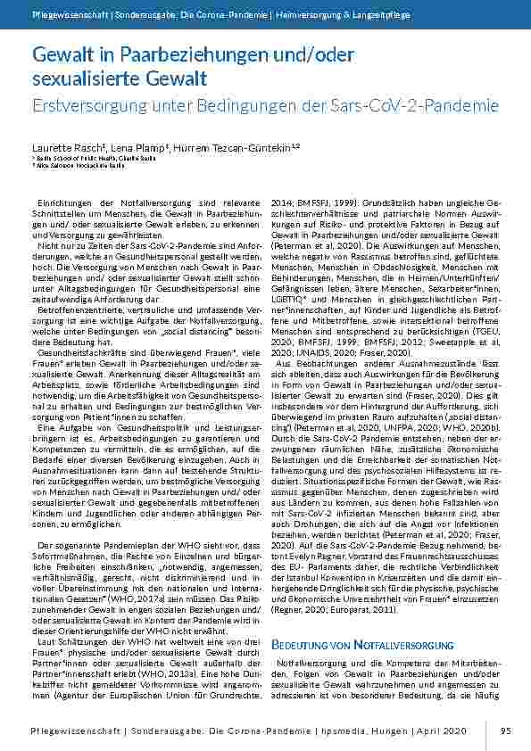Gewalt in Paarbeziehungen und/oder sexualisierte Gewalt - Erstversorgung unter Bedingungen der Sars-CoV-2-Pandemie
