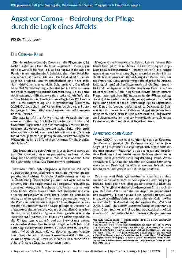 Angst vor Corona – Bedrohung der Pflege durch die Logik eines Affekts