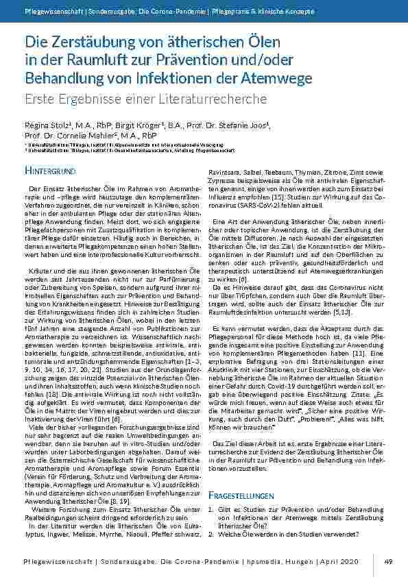 Die Zerstäubung von ätherischen Ölen in der Raumluft zur Prävention und/oder Behandlung von Infektionen der Atemwege. Erste Ergebnisse einer Literaturrecherche.