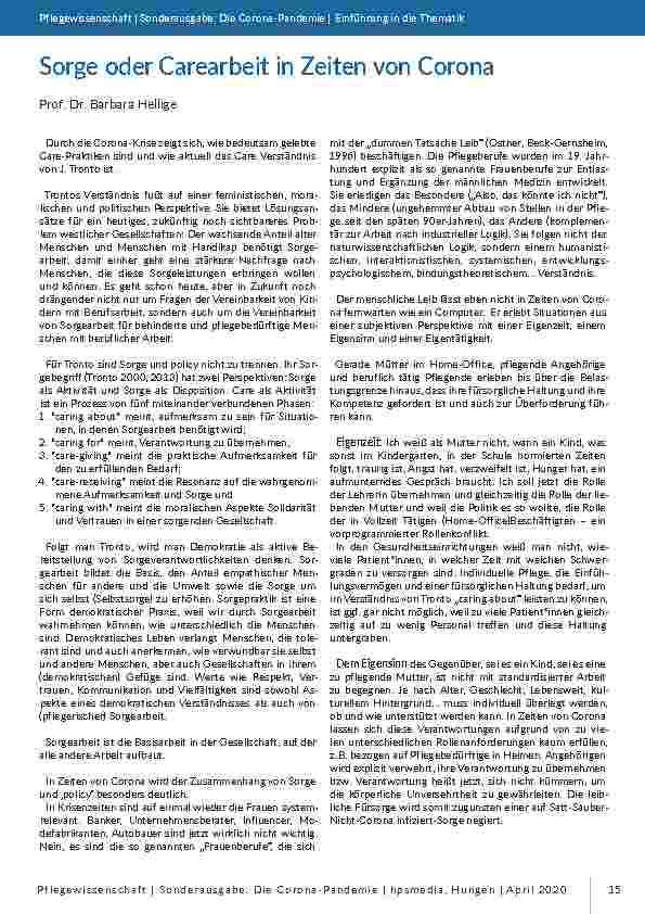 Sorge oder Care-Arbeit in Zeiten von Corona