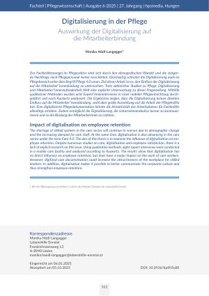 [doc_569874] Digitalisierung in der Pflege Auswirkung der Digitalisierung auf die Mitarbeiterbindung