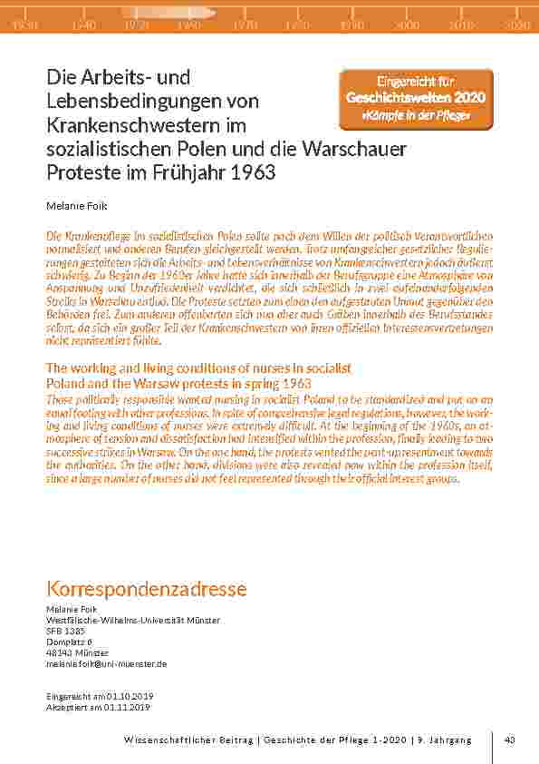 Die Arbeitsund Lebensbedingungen von Krankenschwestern im sozialistischen Polen und die Warschauer Proteste im Frühjahr 1963