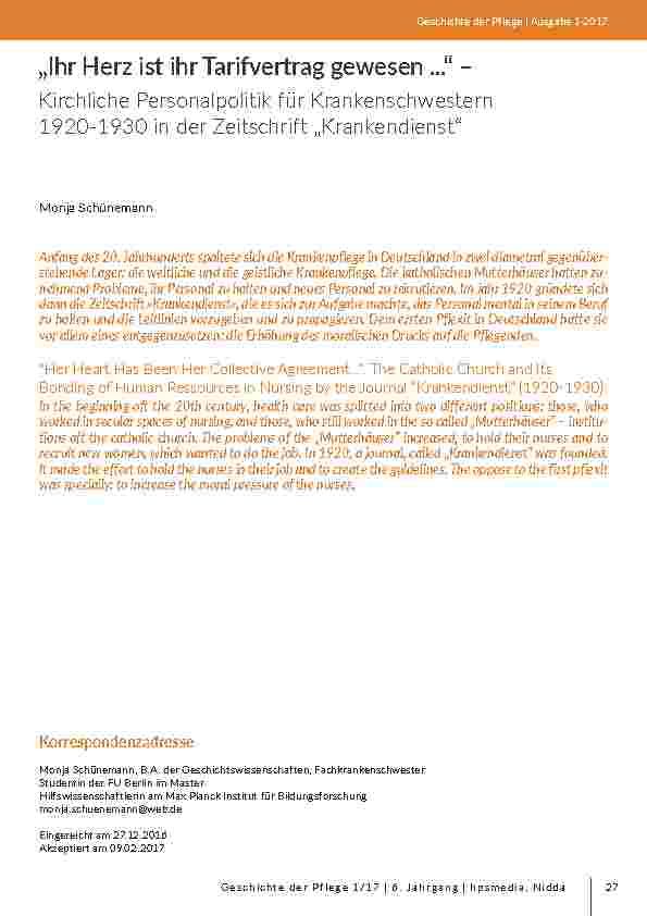 „Ihr Herz ist ihr Tarifvertrag gewesen ...“ – Kirchliche Personalpolitik für Krankenschwestern 1920-1930 in der Zeitschrift „Krankendienst“