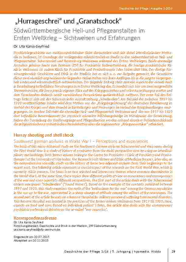 „Hurrageschrei“ und „Granatschock“ Südwürttembergische Heil-und Pflegeanstalten im Ersten Weltkrieg – Sichtweisen und Erfahrungen
