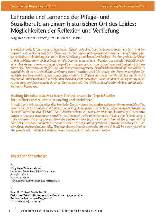 Lehrende und Lernende der Pflegeund Sozialberufe an einem historischen Ort des Leides: Möglichkeiten der Reflexion und Vertiefung
