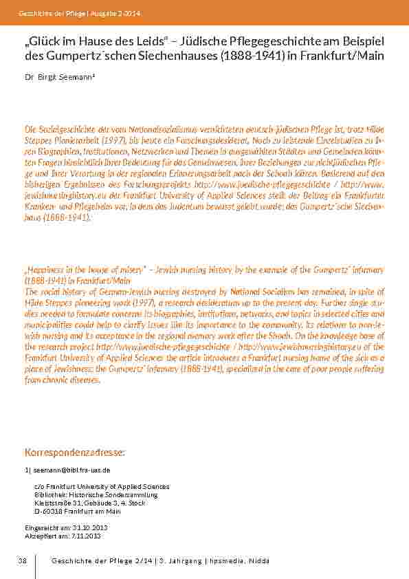 „Glück im Hause des Leids“ – Jüdische Pflegegeschichte am Beispiel des Gumpertz´schen Siechenhauses (1888-1941) in Frankfurt/Main
