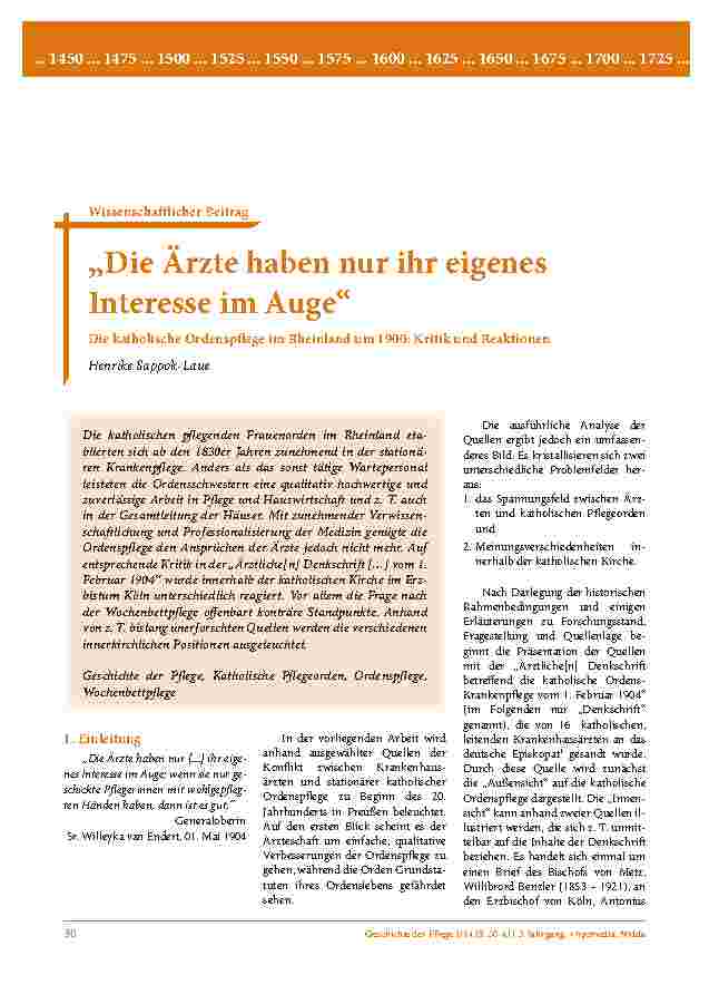 „Die Ärzte haben nur ihr eigenes Interesse im Auge“ Die katholische Ordenspflege im Rheinland um 1900: Kritik und Reaktionen