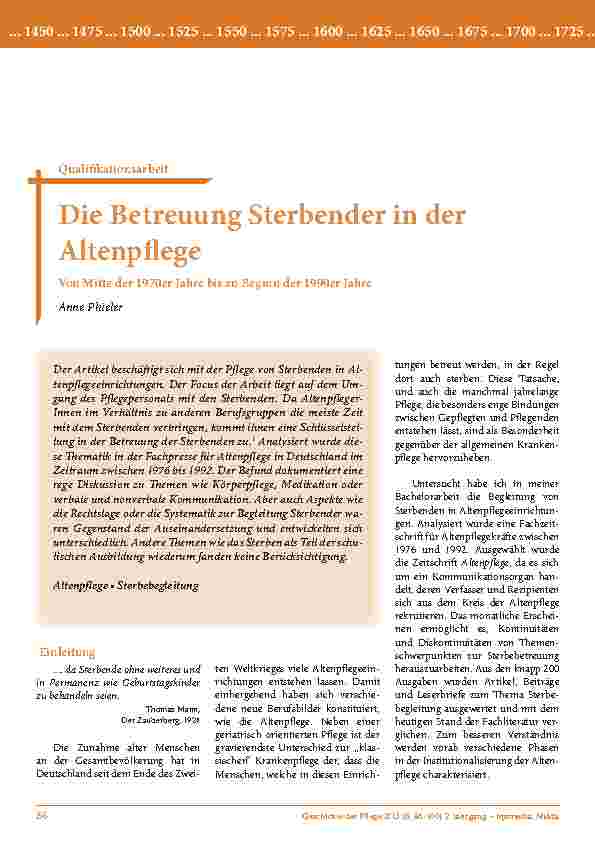 Die Betreuung Sterbender in der Altenpflege. Von Mitte der 1970er Jahre bis zu Beginn der 1990er Jahre