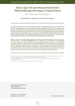[doc_568658] Status Quo der gerontopsychiatrischen Weiterbildungsordnungen in Deutschland Eine Dokumentenanalyse