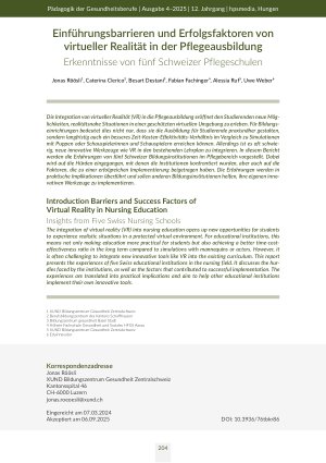 Einführungsbarrieren und Erfolgsfaktoren von virtueller Realität in der Pflegeausbildung Erkenntnisse von fünf Schweizer Pflegeschulen