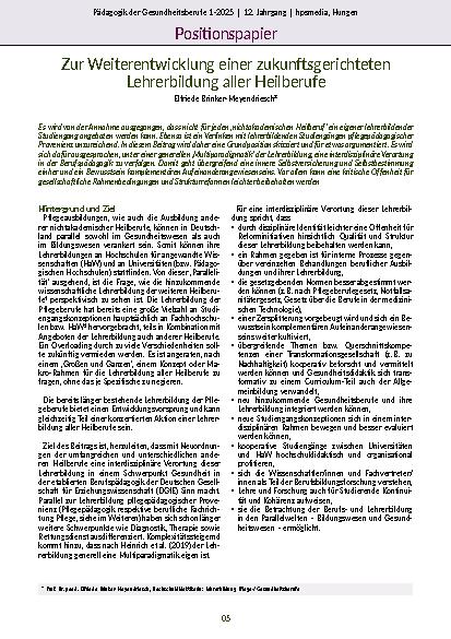 Zur Weiterentwicklung einer zukunftsgerichteten Lehrerbildung aller Heilberufe